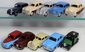 9 well restored Dinky Toys. Ford Zephyr in two tone blue, 2x Vauxhall Cresta in tan and maroon,