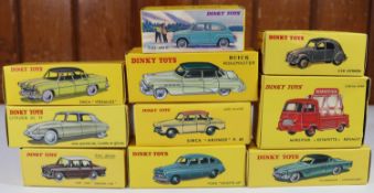 10 Atlas French Dinky Toys. Fiat 600D, Simca Versailles, Citroen DS19, Studebaker Commander, 2CV