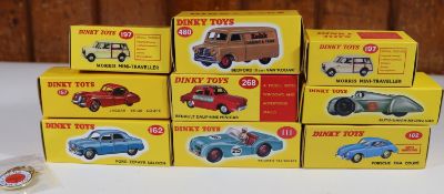 9 Atlas Dinky Toys. Porsche 356A Coupe, Renault Dauphine Minicab, Auto-Union Racing Car, Ford Zephyr