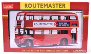 A Sun Star 1:24 scale London Transport Routemaster in red. RM8-VLT 8, with LT Routemaster advert
