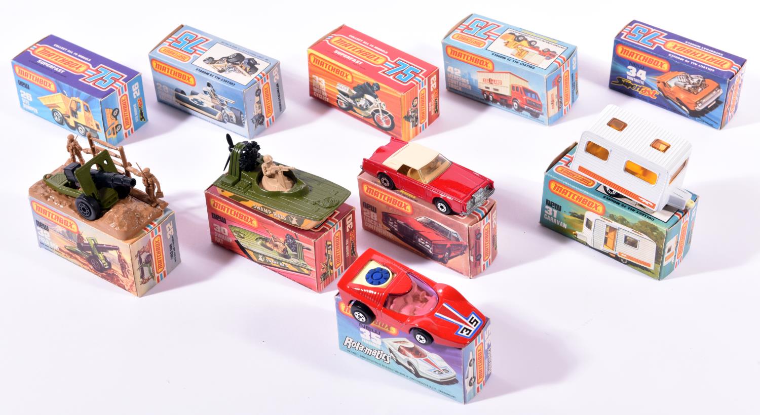 10 Matchbox Superfast/75 Series. 2x A Site Dumper No.26 in red and silver. Formula Racing car in