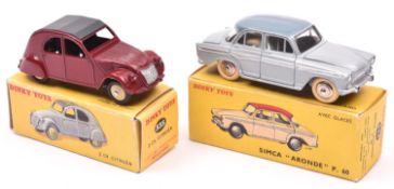 2 French Dinky Toys. Simca 'Aronde' P.60 (544). In light grey with dark grey roof, plated ridged