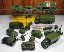 14x Dinky Toys military vehicles. Including 8x boxed examples; 10-ton Army Truck (622), Armoured