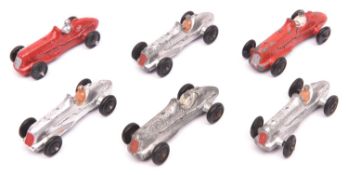 6 Dinky 35b Midget Racers. 2x red examples with silver grills. 4x silver examples with red grills.