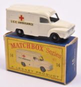A Matchbox Series Bedford Lomas Ambulance (14c). In cream with black plastic wheels. Boxed, minor