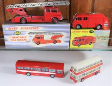 4 Dinky Toys. 2 Fire Engines. A Bedford Turntable Fire Escape (956). In red with two piece silver