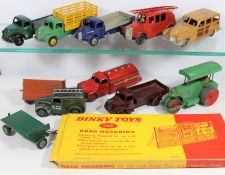 11x Dinky Toys vehicles. Austin Wagon (30j) in maroon. Dodge Tipping Wagon (30m) in blue and