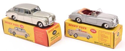 2 Dinky Toys. Bentley Coupe (194). In light grey with maroon interior with tan tonneau and driver.