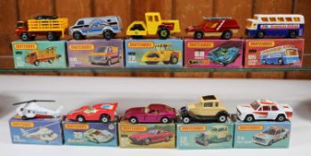 10 Matchbox Superfast/75 Series. Fandango No.35 in red RN35. Airport Coach No.65 in metallic blue