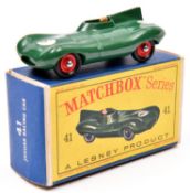 A scarce Matchbox Series Jaguar D Type (41b) in green, RN5, with red wheels and black tyres.