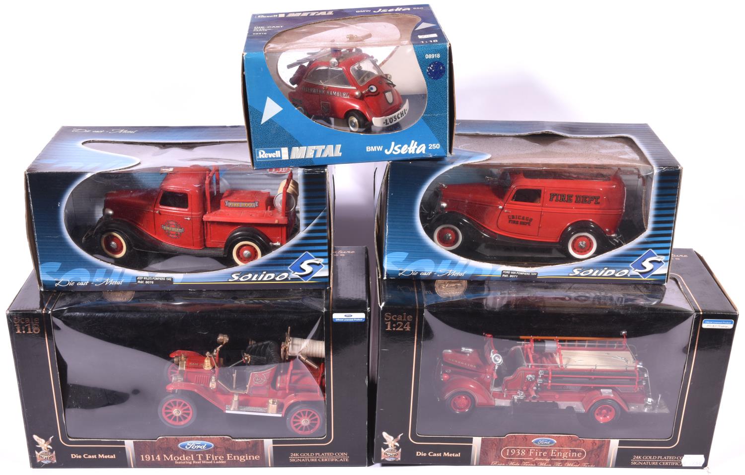 5 1:18 / 1:24 scale. 2x Solido- 1934 Ford Van, Pompiers and a 1942 Ford Pompier. Plus a Revell BMW