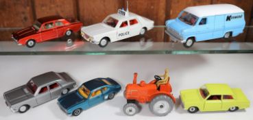 7 Dinky Toys. Ford Corsair in metallic red. Ford Capri in metallic green. Ford Cortina in yellow. 2x