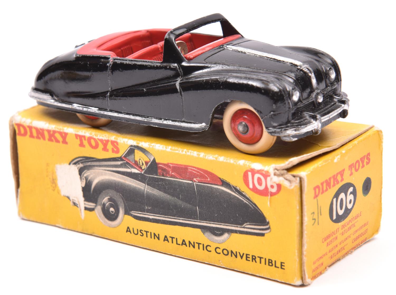 Dinky Toys Austin Atlantic Convertible (106). An example in black with red interior and red wheels