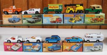 10 Matchbox Superfast/75 Series. Renault 5TL No.21 in metallic blue. Mercedes Container Truck No.