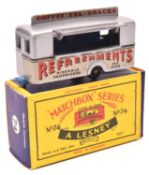 Matchbox Series Mobile Refreshments Bar (74a). With silver body and black plastic wheels. Boxed,