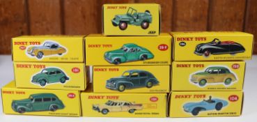 10 Atlas Dinky Toys/French Dinky Toys. Jeep, Peugeot 203, Packard Eight Sedan, Dodge Royal Sedan,