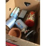 A box of misc to include camping gas stove, clothes pegs, grater, etc.