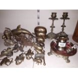 A collection of brassware including 8 elephants