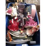 A crate of mixed china and glassware including lady figurines, etc