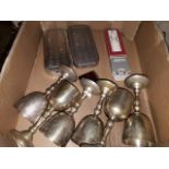 A box containing 2 Rolls Razors, together with 6 brass goblets etc