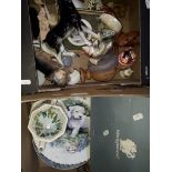 Two boxes of ornaments, teapots and plates etc