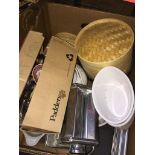 A box of mixed kitchen items including ramakins etc