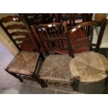 Three 19 century rush seated chairs including spindle back, ladder back