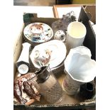 A mixed box of various china etc including vases, ornaments, teaware.