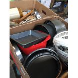 2 boxes of kithenware, baking tins, cutlery, cooking items, etc.