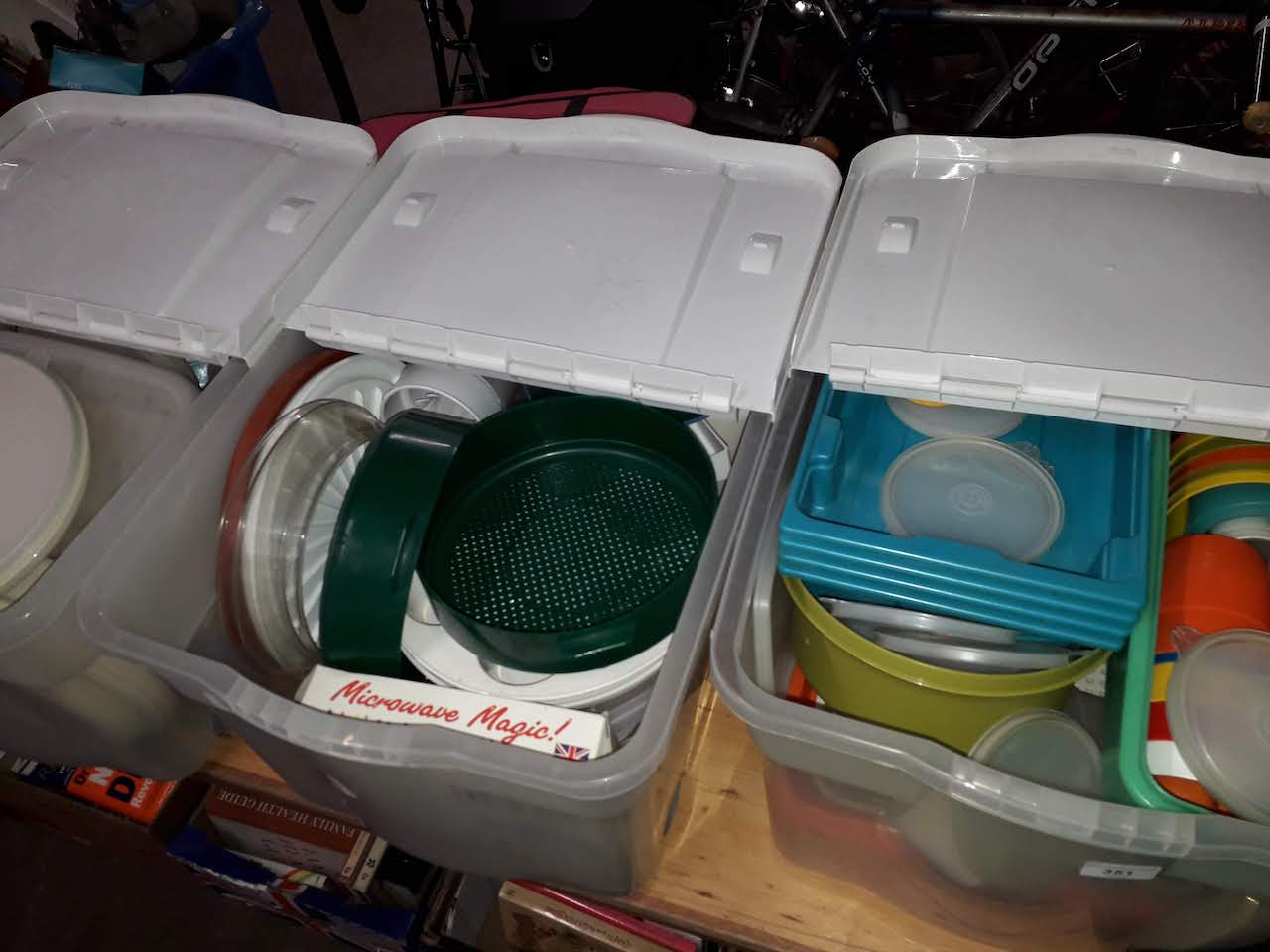 3 crates of plastic kitchenware, tupperware, storage, etc.