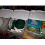 3 crates of plastic kitchenware, tupperware, storage, etc.