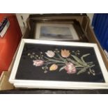 A box of pictures including embroideries