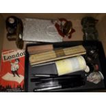 A small box of mixed collectables including pens, slide rule, etc