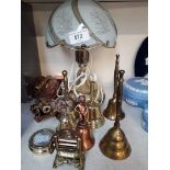 A small collection of brassware including table lamp