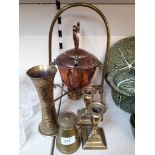 A copper kettle on brass burner and four other pieces of brassware