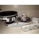 A black Wedgwood Jasper pedestal bowl and a small collection of mixed Wedgwood pieces