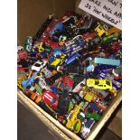 A box of approx 210 play worn model cars inc 35 Hot Wheels.