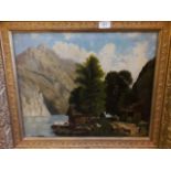 19th century Continental school, mountain scene, oil on canvas 50cm x 40cm, unsigned, gilt frame.