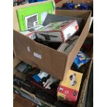 2 boxes of model railway, toys, Scalextric, trains, etc.