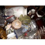 A box of mixed ceramics and glass including Kernewek pottery