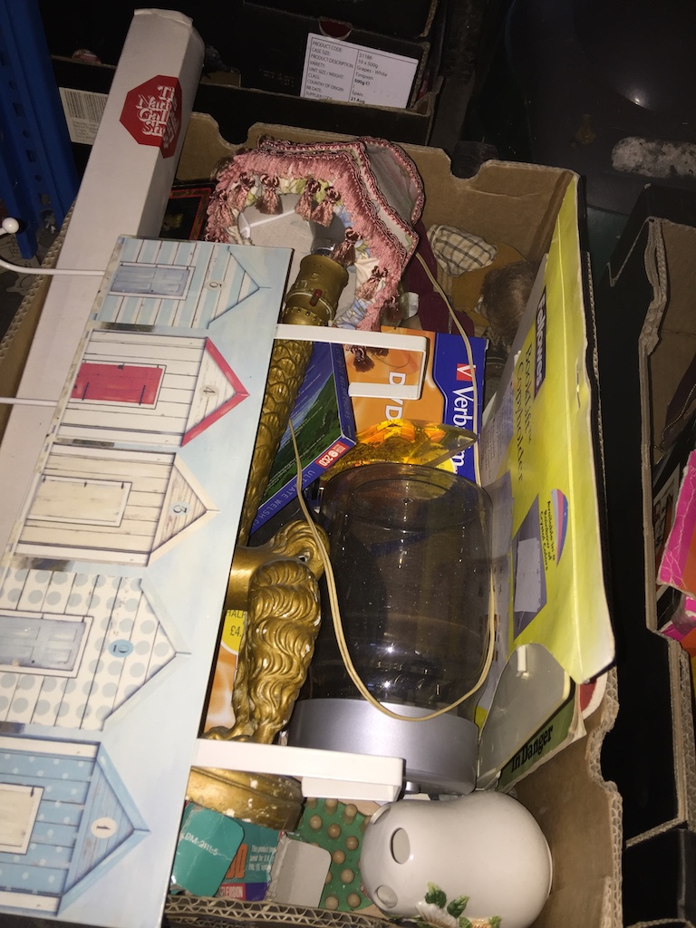 A box of mixed household items.