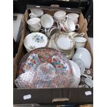 A box of mixed china, porcelain teaware including Noritake and other eastern ware.