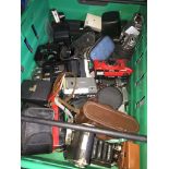 A box of misc cameras and accessories, etc.
