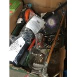 A box of misc including cable reel, home telephones, some glass, etc.