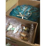 Large blue glass bowl and 4 china bird figures