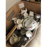 A large box of mixed china, stainless steel teaware, etc.