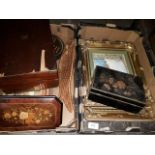 A box of treen and two framed prints