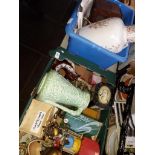 Two mixed boxes including pottery, buckles, tins, toys etc