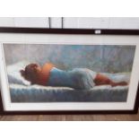 A modern print of a sleeping lady, artist unkown, 97cm x 49cm.