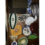A box of china,, dominoes, and plated cutlery